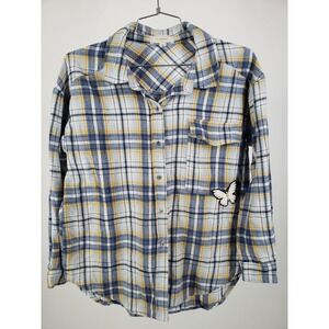 No Comment Flannel Shirt Womens Long‎ Sleeve Plaid Size Large L Butterfly Patch
